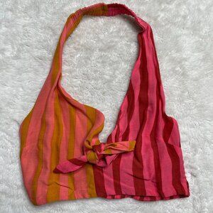 Farm Women's Pink Orange Striped Asymmetrical Tie Front Halter Top Size XXS